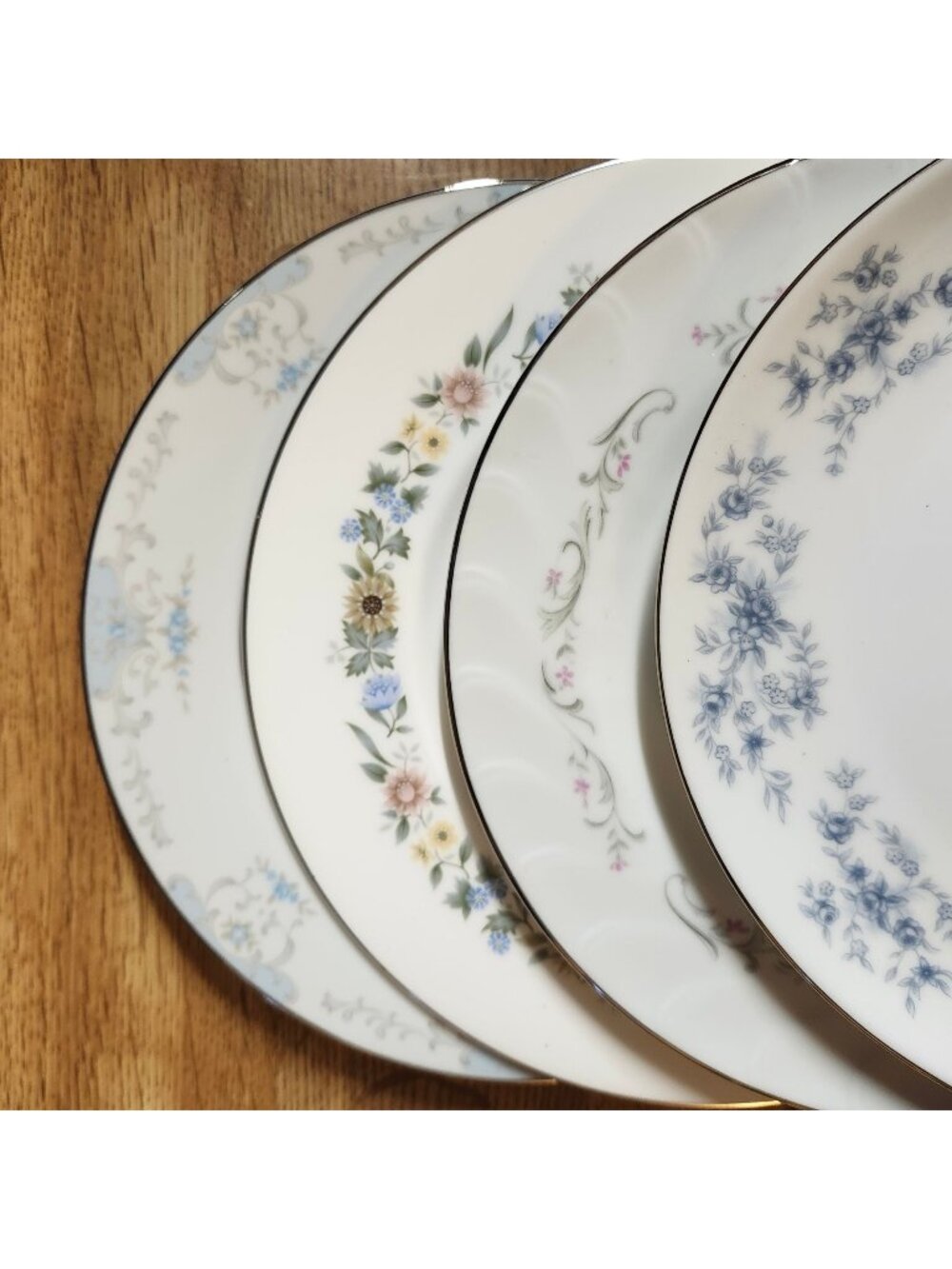 Mismatched Lunch Plates 8" Fine China Porcelain Floral Silver Rim Eclectic Set